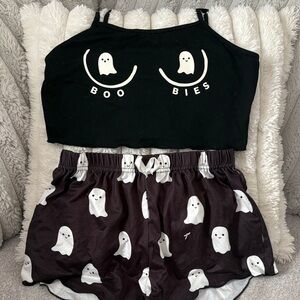 SHEIN Black Ghost Print Pajama Set - 'Boo Bies' Crop Tank & Shorts